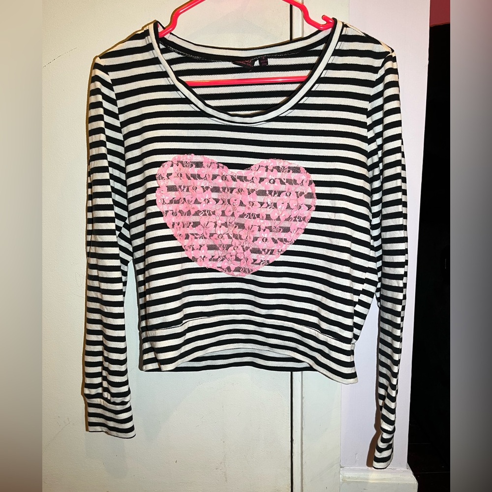 Black and White Striped Material Girl Long Sleeve Top w/ Pink Lace Heart Design
